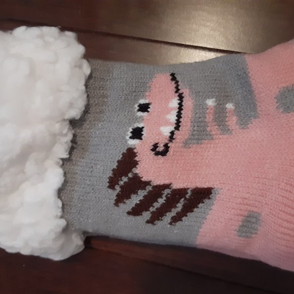 Dinosaur Child's Pink/Gray Fluffy Slipper Socks - Picture 9 of 11